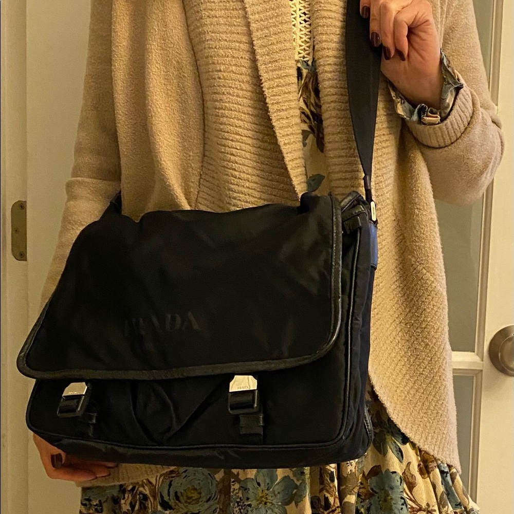 Auth Prada Tessuto black nylon laptop crossbody